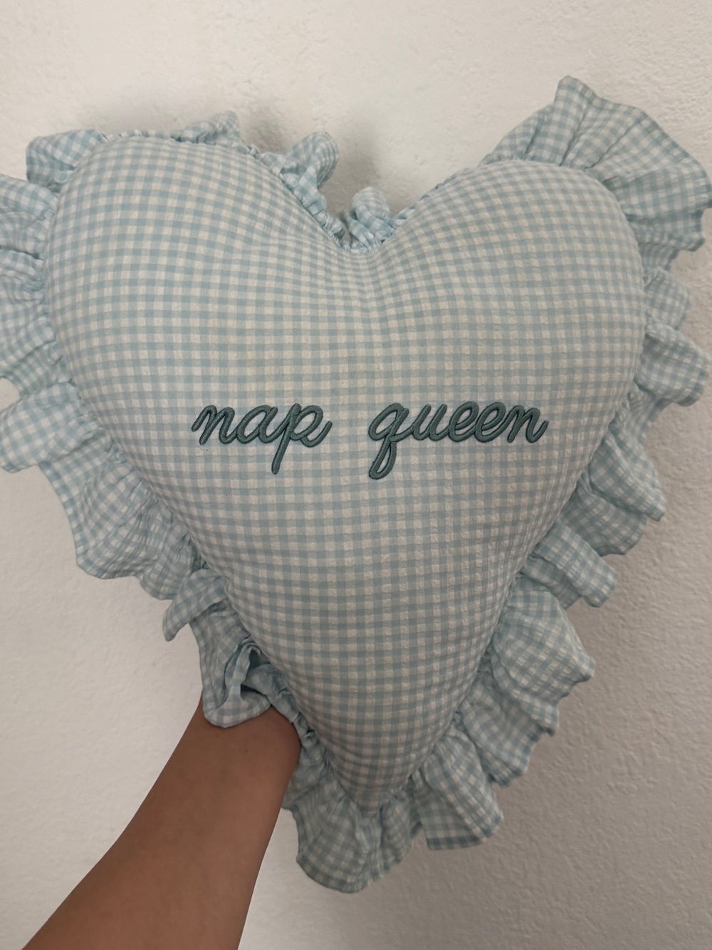 Marshalls Pale Blue Gingham Heart Pillow with 'nap queen' Embroidery